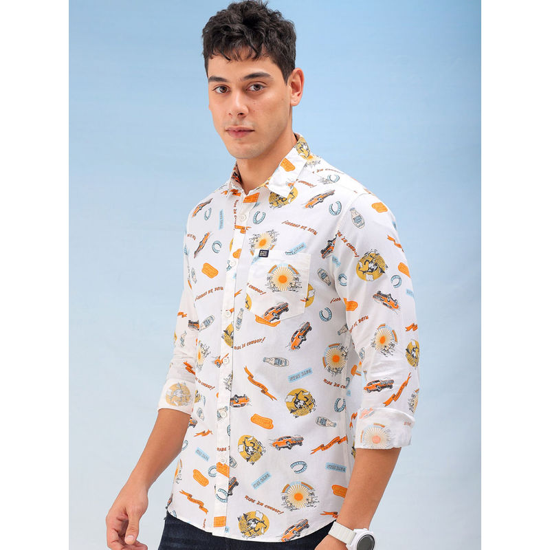 The Indian Garage Co Men Printed Cutaway Collar Casual Shirt White (S)
