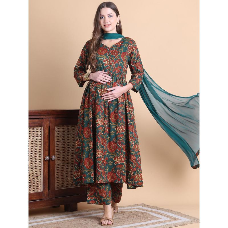 Secret Wish Green Floral Cotton Maternity Anarkali Pant with Dupatta (Set of 3) (2XL)