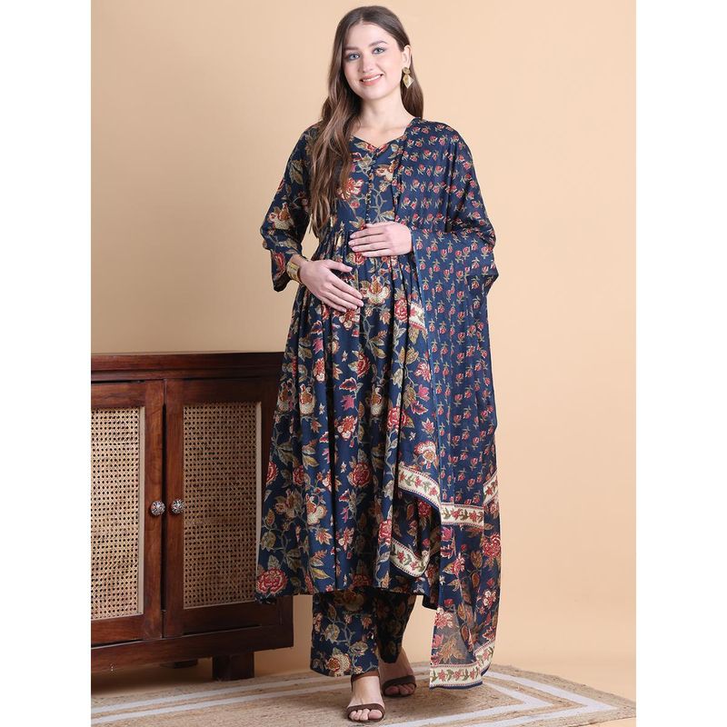 Secret Wish Navy Blue Floral Cotton Maternity Anarkali Pant with Dupatta (Set of 3) (2XL)