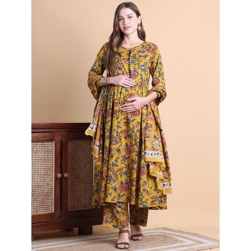 Secret Wish Mustard Yellow Floral Cotton Maternity Anarkali Pant with Dupatta (Set of 3) (L)