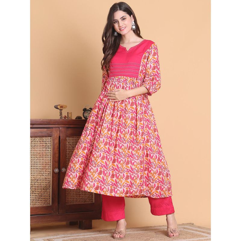 Secret Wish Pink Floral Cotton Calf Length Maternity Anarkali Pant (Set of 2) (L)