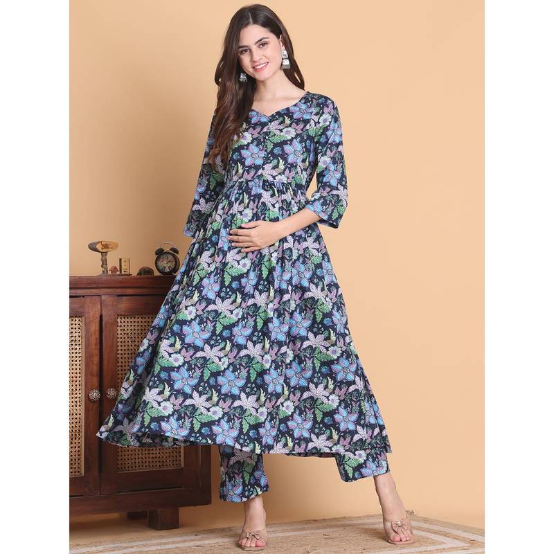 Secret Wish Blue Floral Cotton Calf Length Maternity Anarkali Pant (Set of 2) (M)
