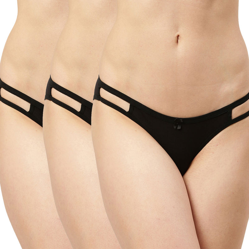 Leading Lady Everyday Cotton Low-rise Solid String Bikini Pack Of 3 - Black (L)