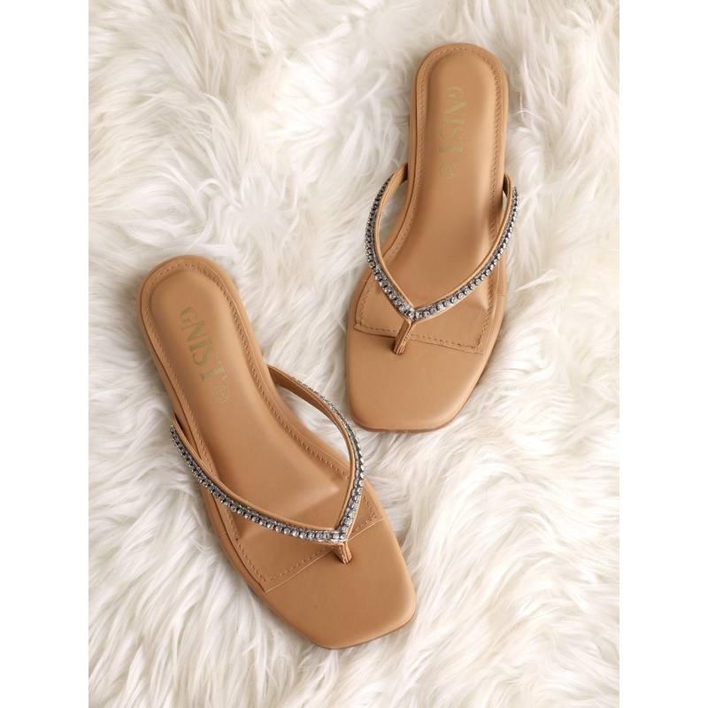 GNIST Women Embellished Thong Beige Slip on Flats (EURO 36)