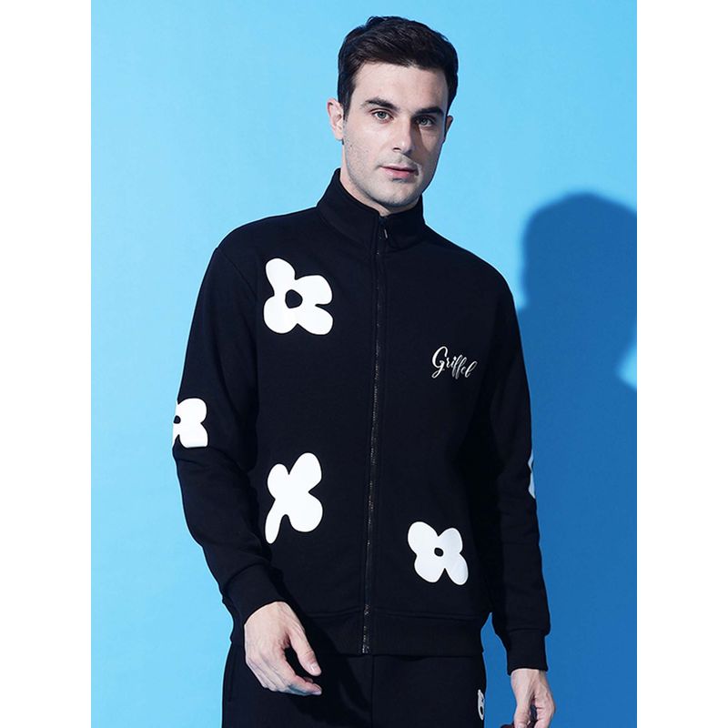 Griffel Floral Print Zipper Black Sweatshirt (M)