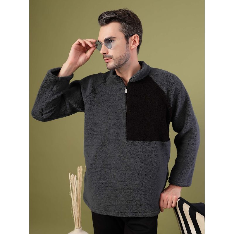 RIGO Men Grey Sherpa Colourblocked Oversized Sweatshirt (M)