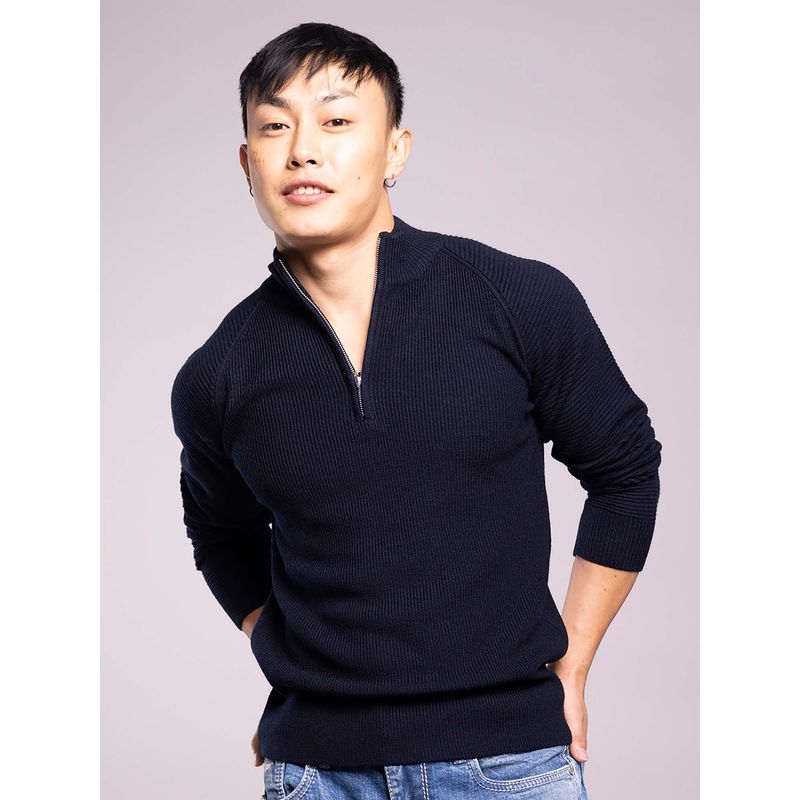 ROOKIES Navy Blue Solid High Neck Pullover Sweater (XL)