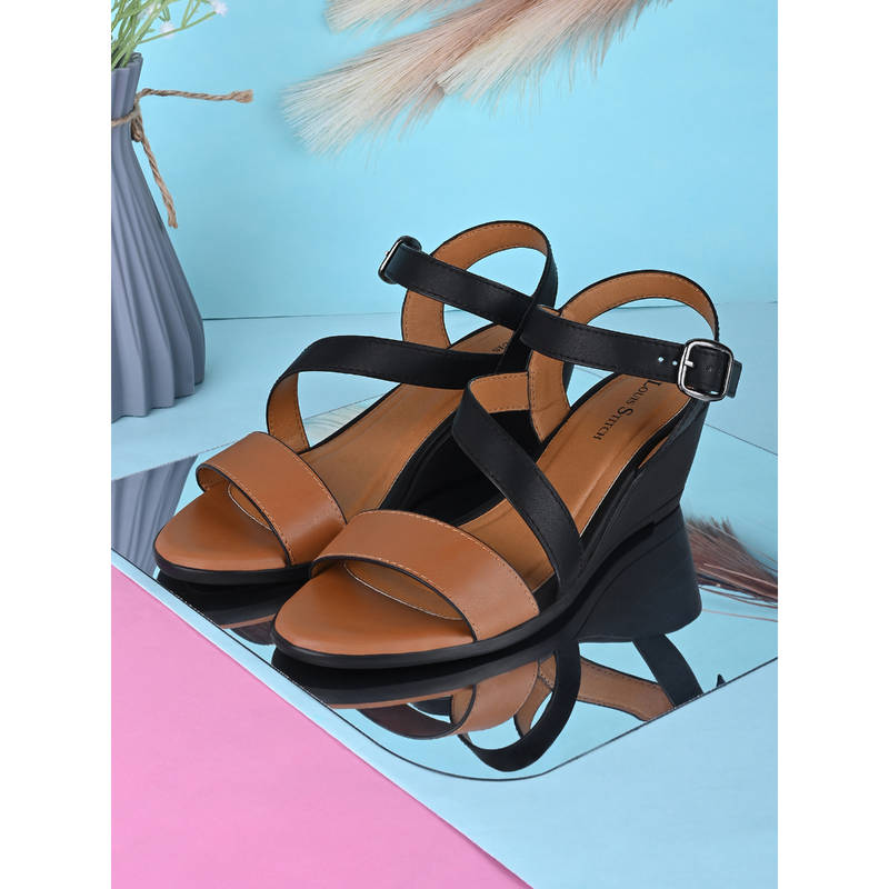 Louis Stitch Women Striped Wedge Tan & Black Lightweight Heels (UK 4)