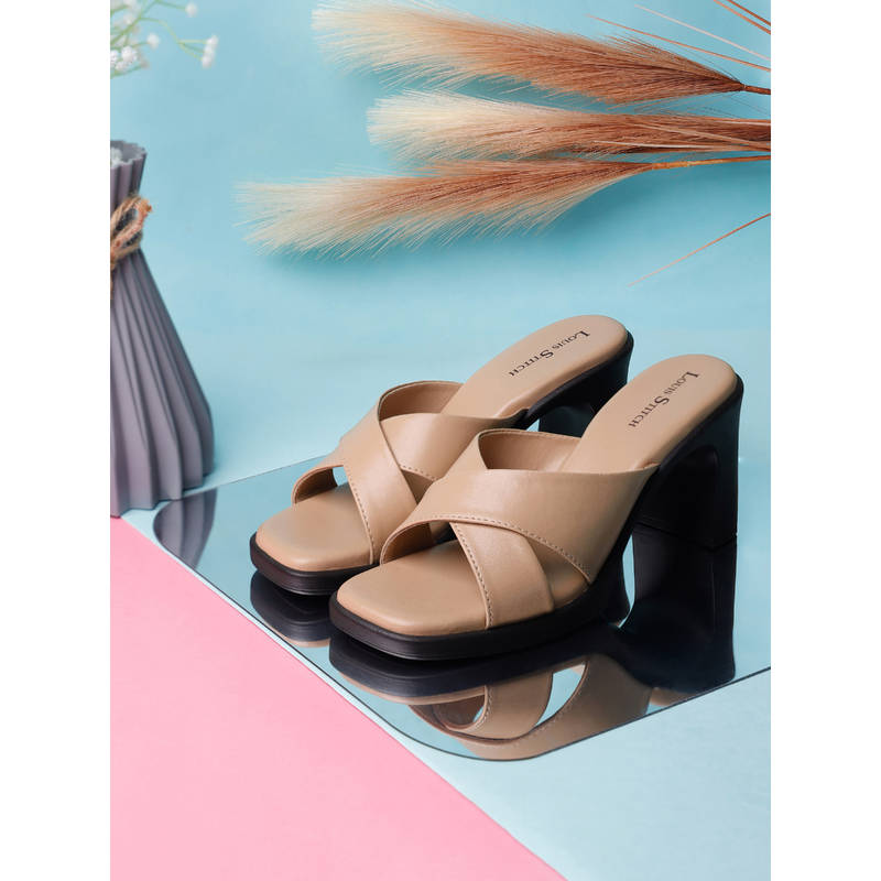Louis Stitch Women Cross Strap Block Beige Lightweight Heels (UK 7)