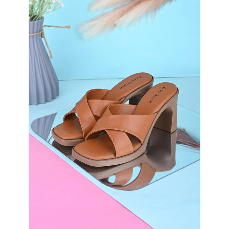 Louis Stitch Women Cross Strap Block Tan Lightweight Heels (UK 6)