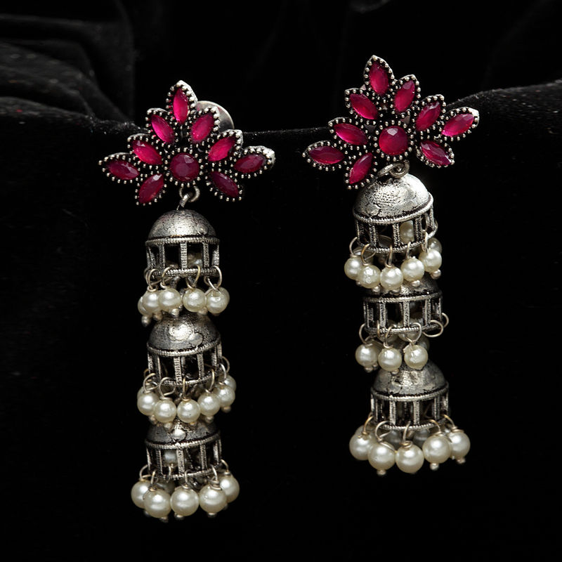 Pink - Saanjh Bela Mandala Oxidised Earrings