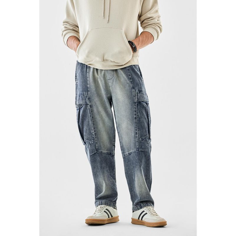 Snitch Mens Blue Washed Relaxed Casual Cargo Jeans (28)