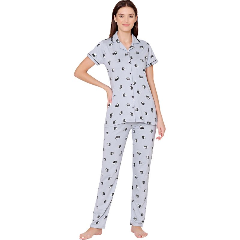 Bodycare Womens Cotton Printed Night Suit of Shirt & Pyjama -BSNS18009 Blue (Set of 2) (M)