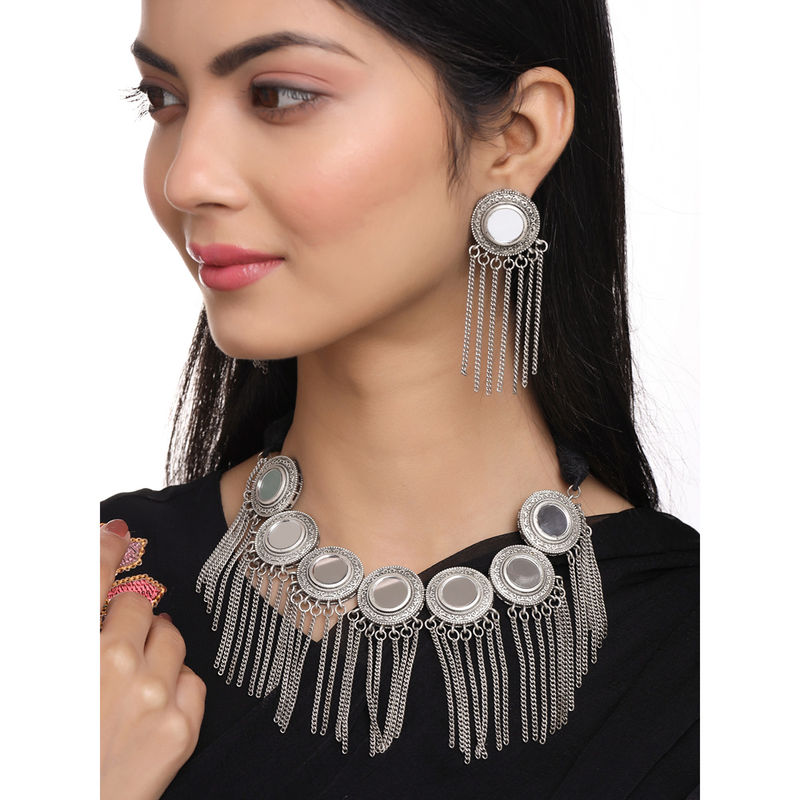 Buy VIRAASI Antique Oxidised Silver Mirror Work Boho Necklace with ...
