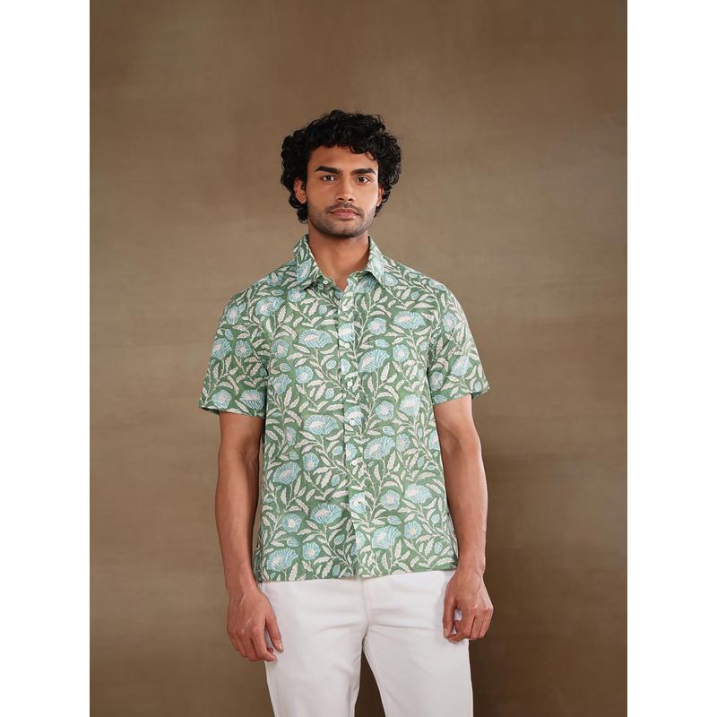 Fabindia Green Cotton Floral Printed Bush Shirt (M)