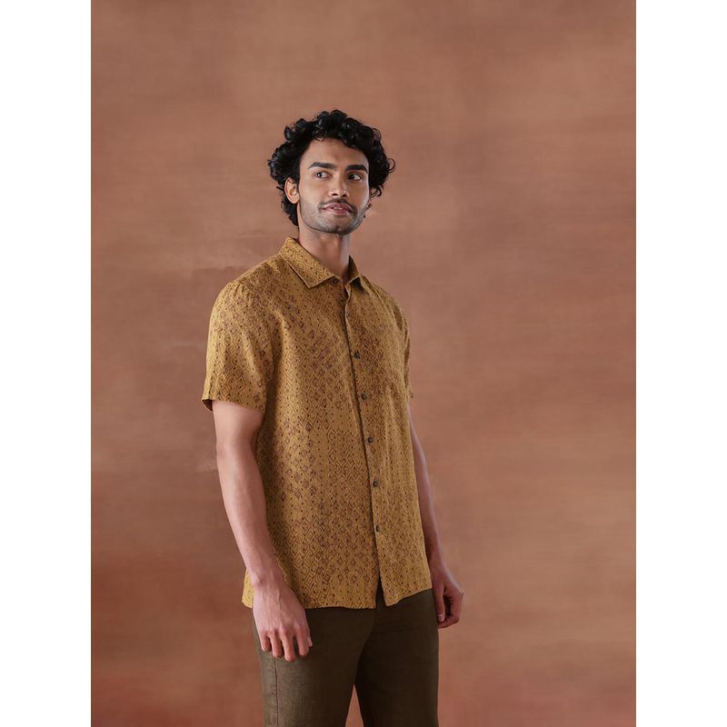 Fabindia Mustard Linen Hand Block Printed Bush Shirt (S)
