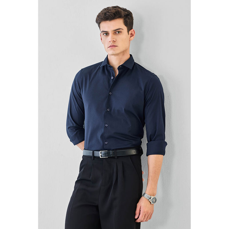 Snitch Navy Blue Solid Full Sleeves Slim Formal Shirt (S)