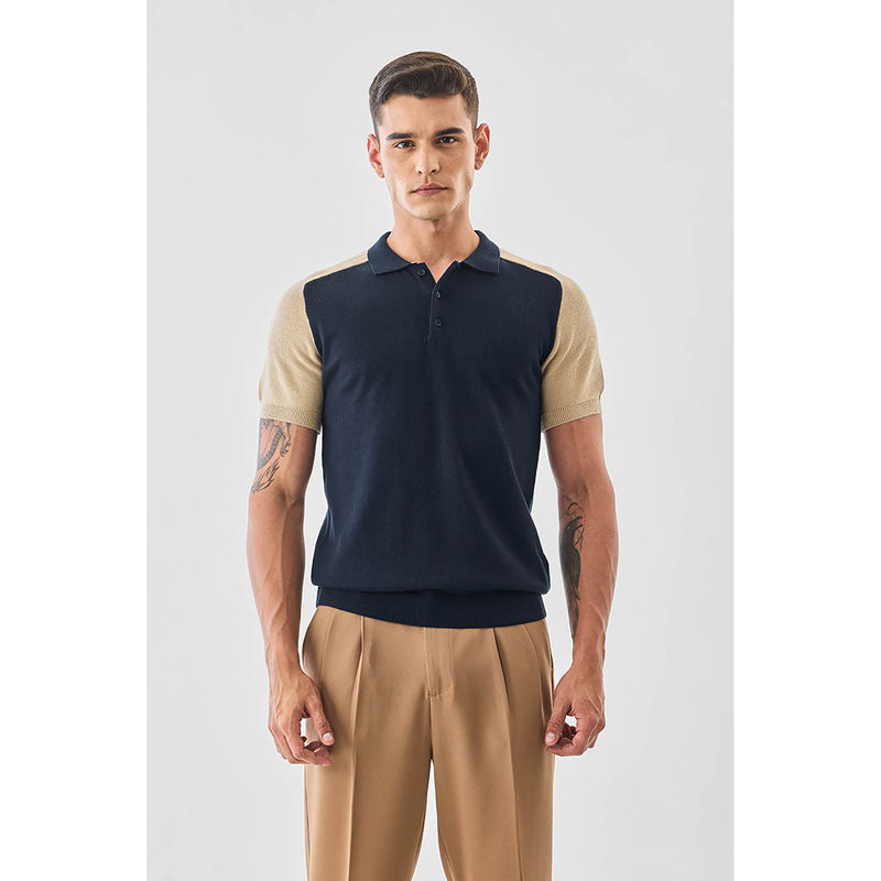 Snitch Navy Blue Colorblock Half Sleeves Regular Casual Polo T-Shirt (M)