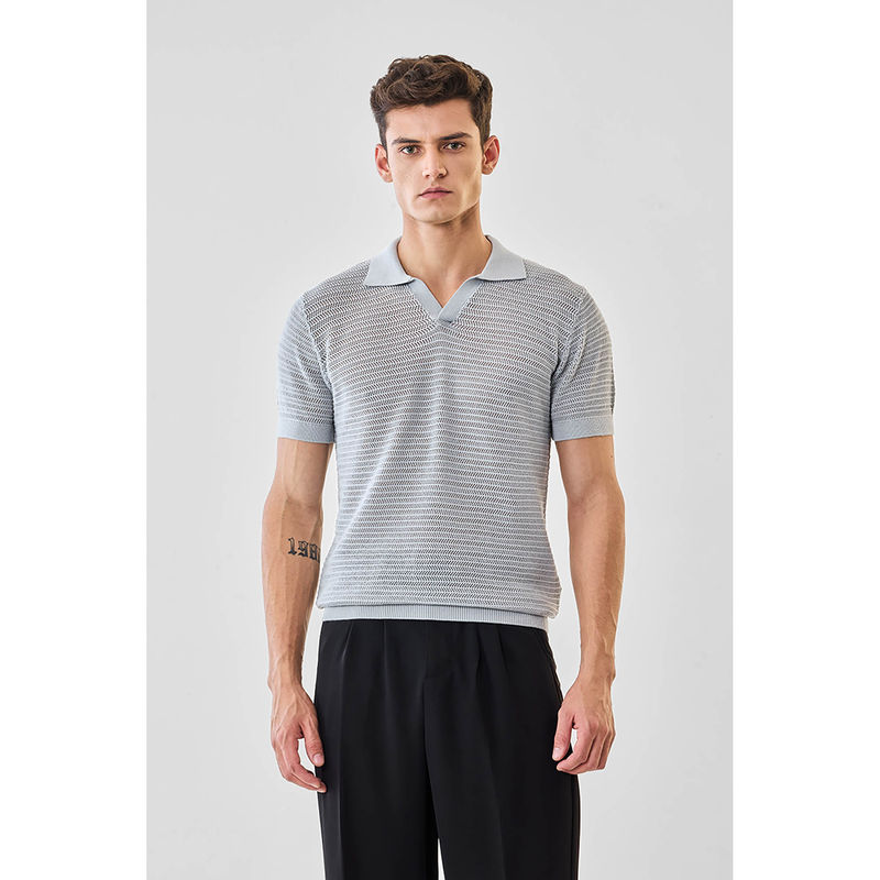 Snitch Light Grey Textured Half Sleeves Regular Casual Polo T-Shirt (M)