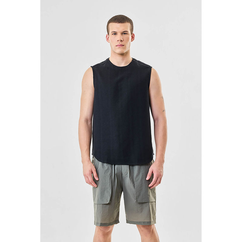 Snitch Black Textured Sleeveless Regular Casual T-Shirt (M)