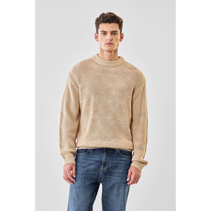 Snitch Beige Textured Full Sleeves Regular Casual Sweater (M)