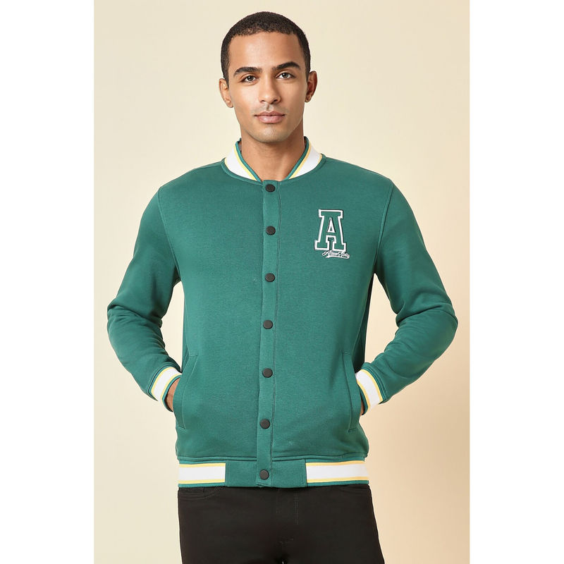 Allen Solly Men Green Stylized Neck Full Sleeves Casual Sweatshirt (S)