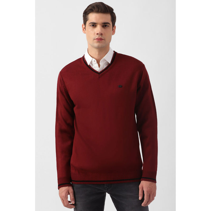 Peter England Men Maroon Solid V Neck Sweater (XL)