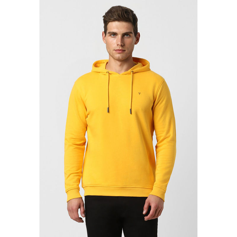 Van Heusen Men Yellow Solid Hooded Neck Sweatshirt (S)