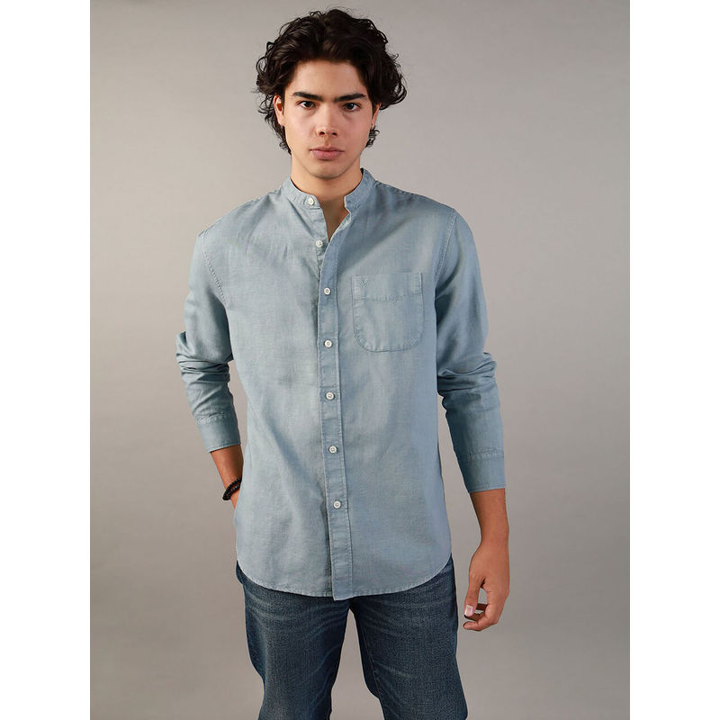 American Eagle Men Blue Band Collar Linen Button-Up Shirt (XS)