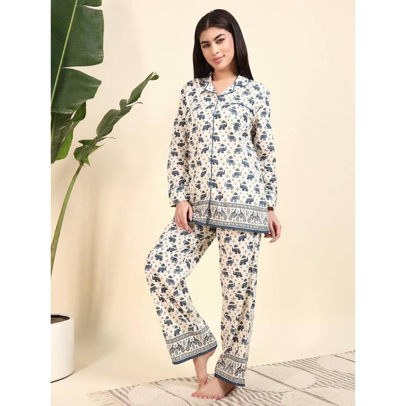 SEPHANI Blue Cotton Animal Print Shirt with Pyjama (3XL)