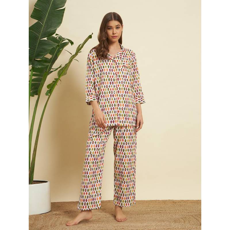 SEPHANI Multi-Color Cotton Abstract Shirt with Pyjama (3XL)
