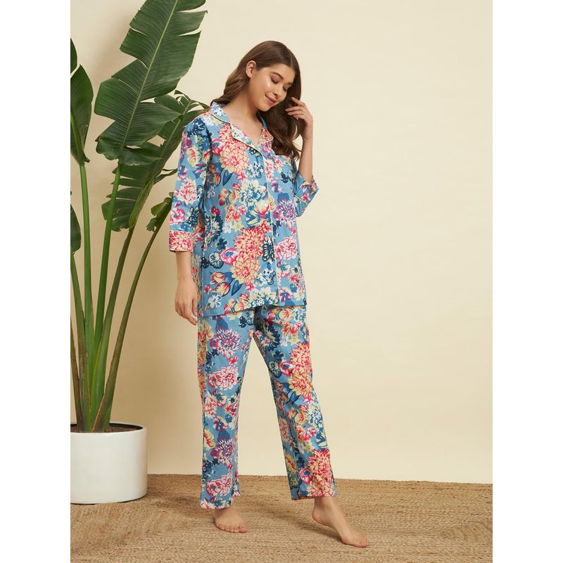 SEPHANI Blue Cotton Floral Shirt with Pyjama (M)