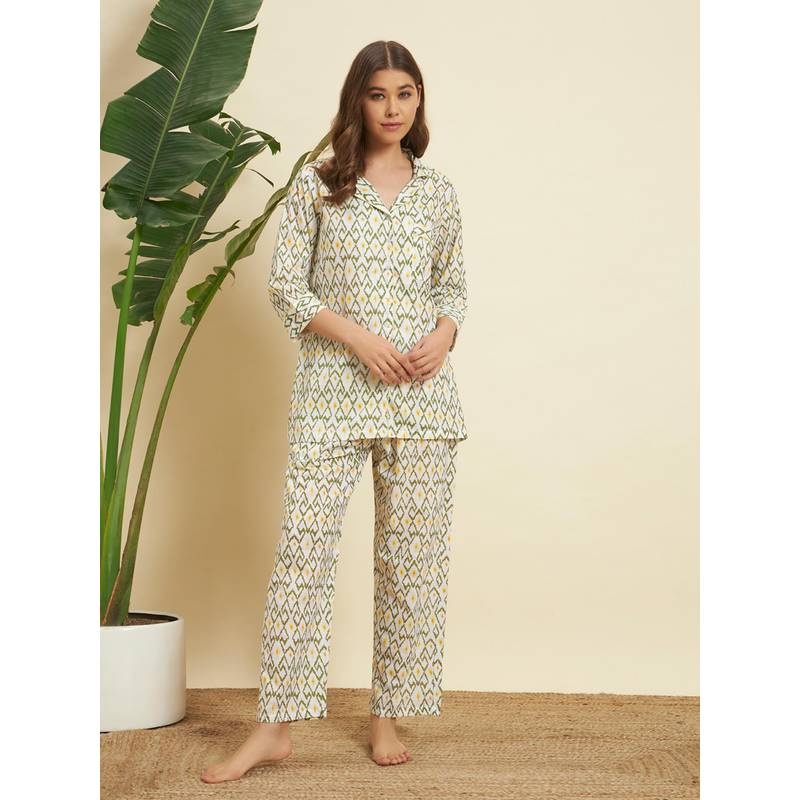 SEPHANI Green Cotton Abstract Shirt with Pyjama (3XL)