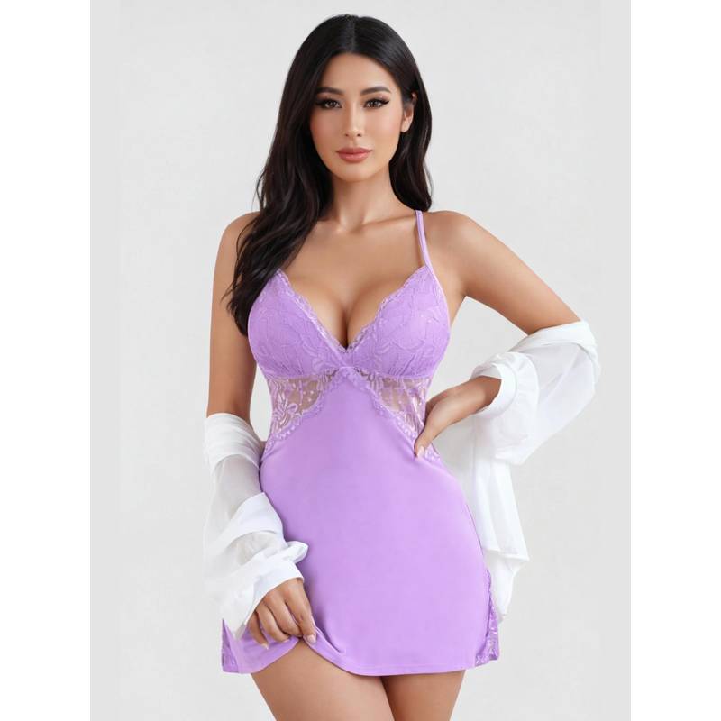 Herryqeal Lavender Nylon Self Design Babydoll With Panty (S)