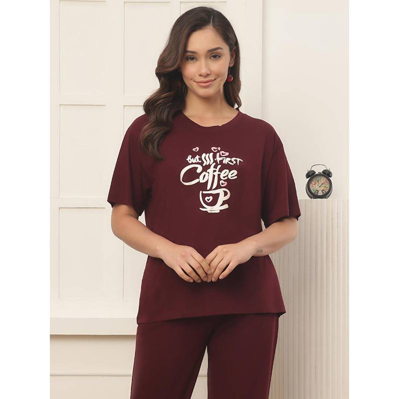Kanvin Maroon Modal Printed T-Shirt (S)