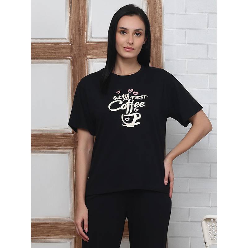 Kanvin Black Modal Printed T-Shirt (S)