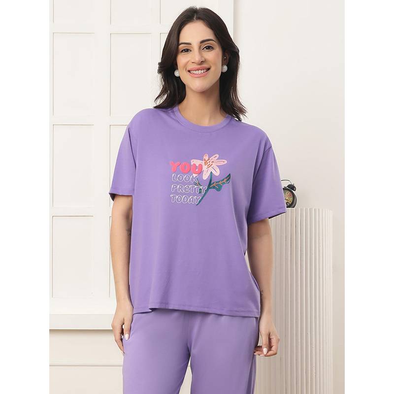 Kanvin Purple Modal Printed T-Shirt (S)