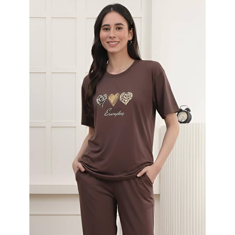 Kanvin Brown Modal Printed T-Shirt (S)