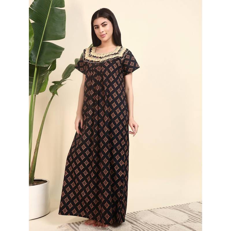 SEPHANI Black Cotton Printed Nightdress (M)