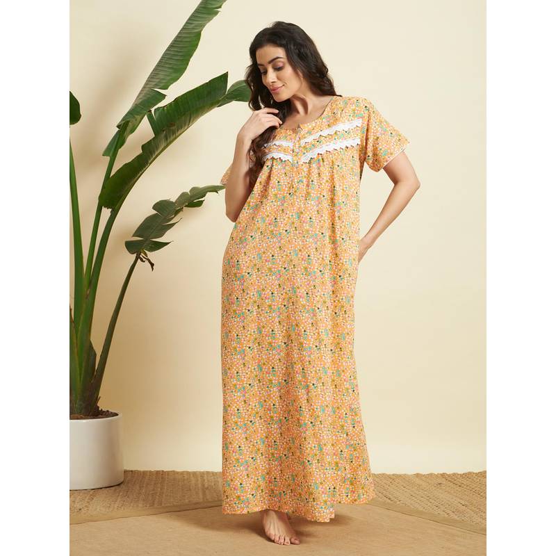 SEPHANI Orange Cotton Printed Nightdress (M)