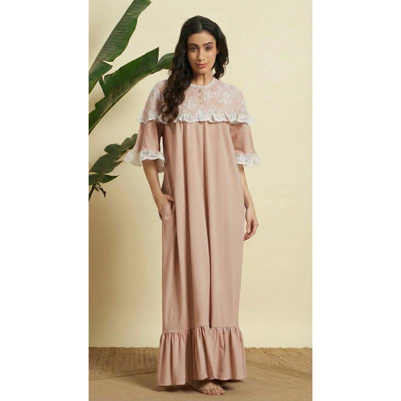 SEPHANI Beige Cotton Self Design Nightdress (M)