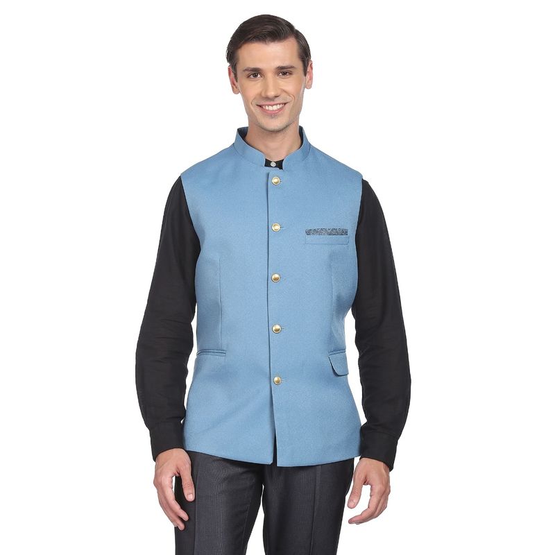 AD By Arvind Men Blue Textured Tailored Regular Fit Nehru Jacket (44)