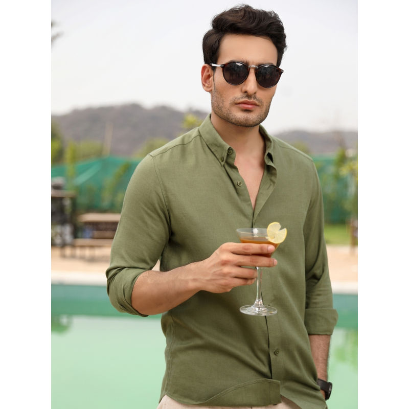 Perch Men Moss Green Linen Shirt (M)