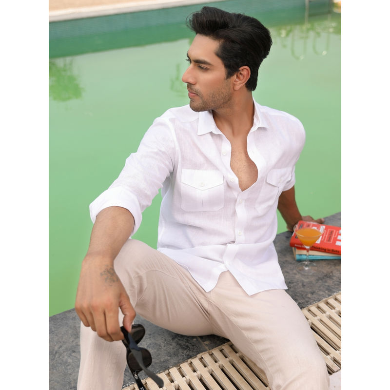 Perch Men Crystal White Linen Shirt (L)