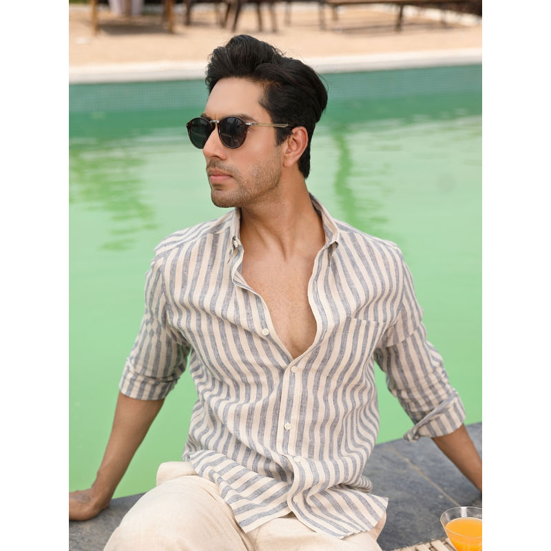 Perch Men Ocean Blue Stripes Linen Shirt (M)