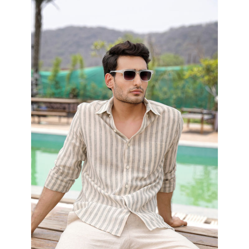 Perch Men Sage Green Stripes Linen Shirt (L)