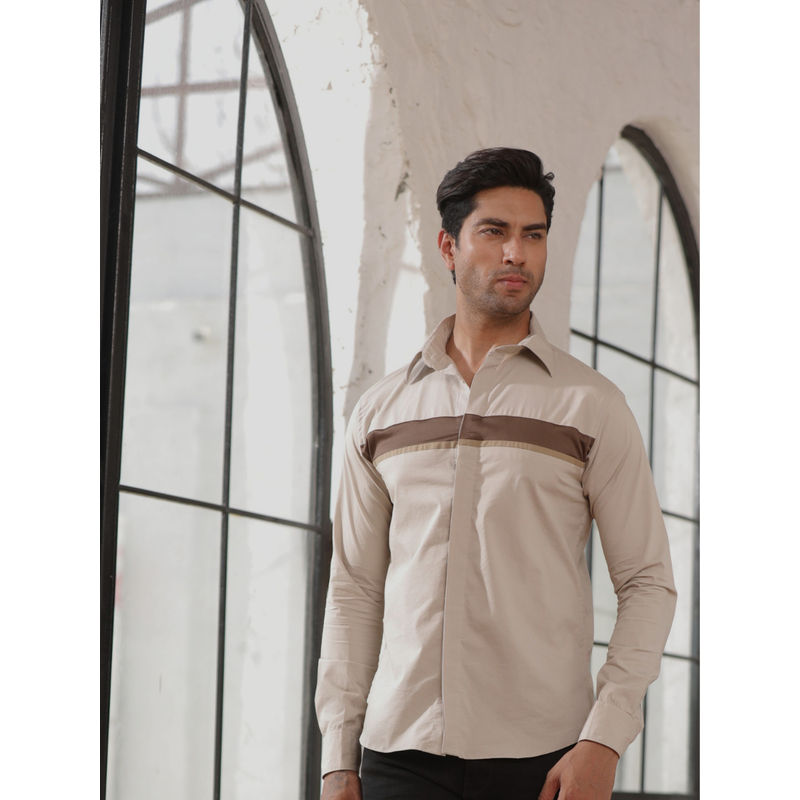 Perch Men Beige Colorblock Cotton Shirt (XS)
