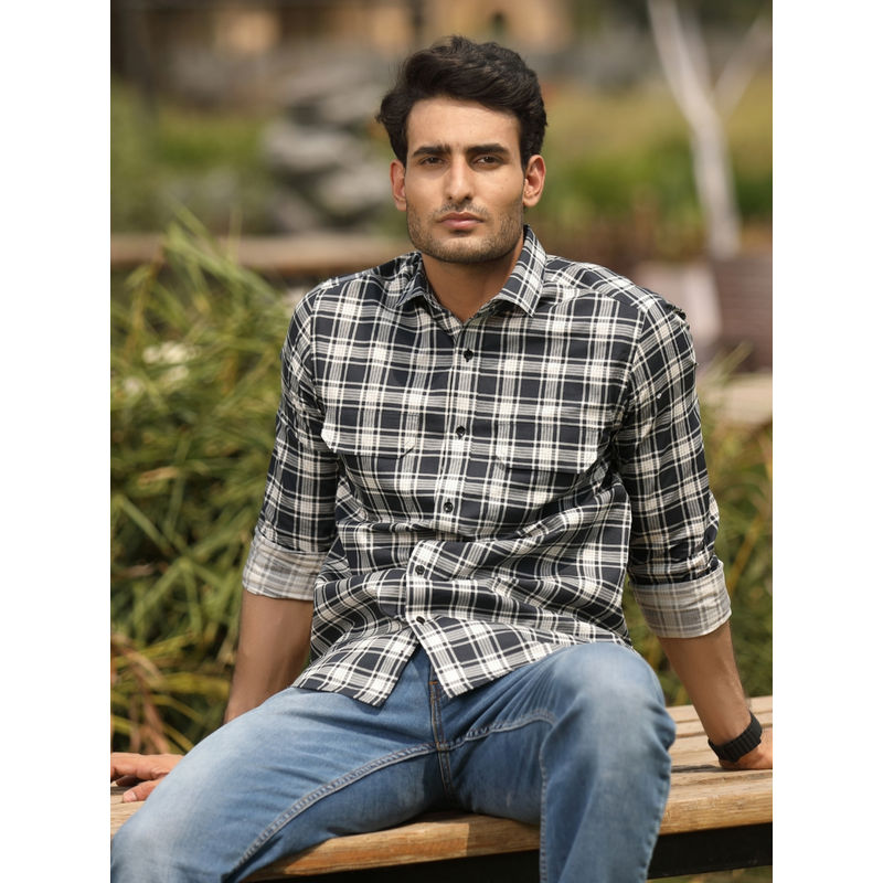 Perch Men Dark Navy Blue Checks Shirt (S)