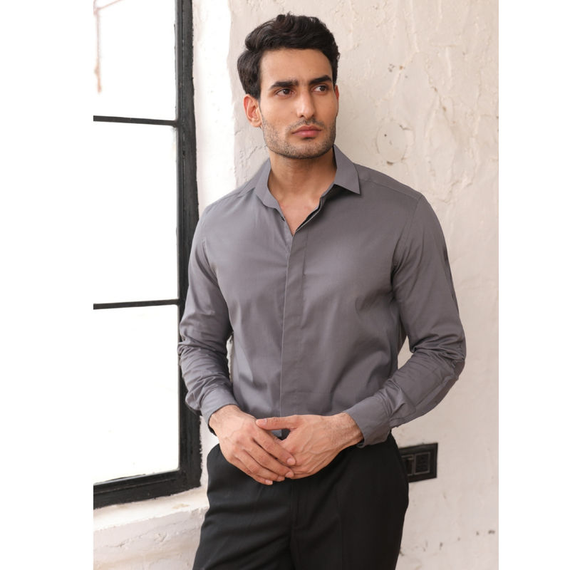 Perch Men Dark Grey Cotton Solid Shirt (XS)