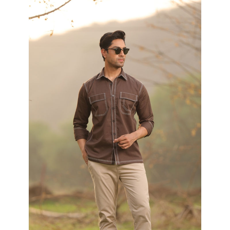 Perch Men Brown Cotton Contrast Stitch Utility Shirt (XL)